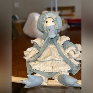 Vintage Stuffed Duck, Blue Polka Dot  heart Doll Dress with Lace Trim